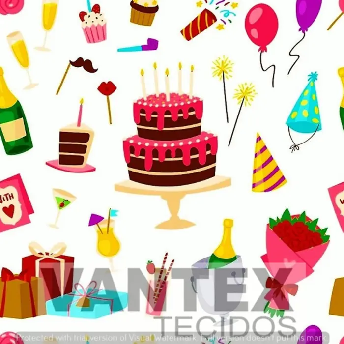 Tecido Gabardine Estampa Digital - Ani(7) - aniversário, bolo