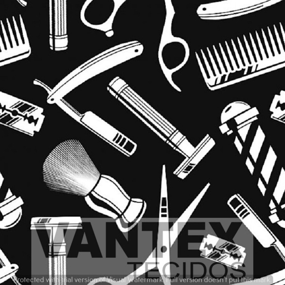 Tecido Microfibra Estampa Digital - Bar(1) - barber shop, bigode, tesoura, navalha
