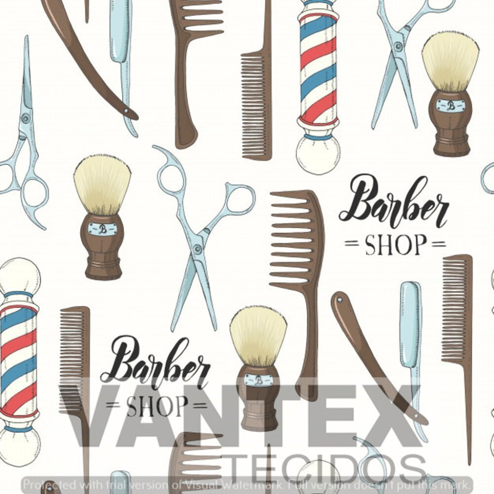 Tecido Microfibra Estampa Digital - Bar(10) - barber shop, pente, tesoura, navalha