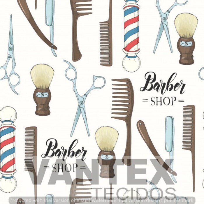 Tecido Microfibra Estampa Digital - Bar(10) - barber shop, pente, tesoura, navalha