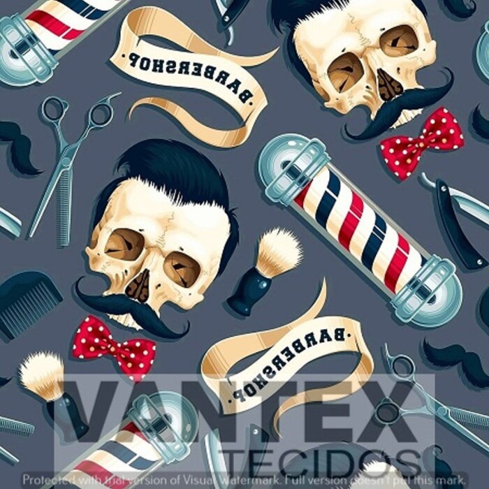 Tecido Microfibra Estampa Digital - Bar(5) - barber shop, caveira, bigode