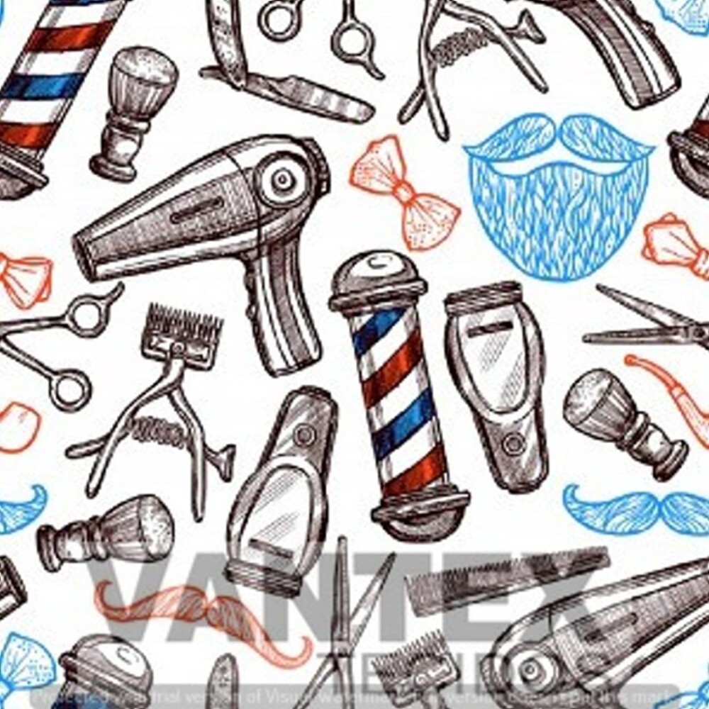 Tecido Microfibra Estampa Digital - Bar(7) - barber shop, secador, tesoura, navalha