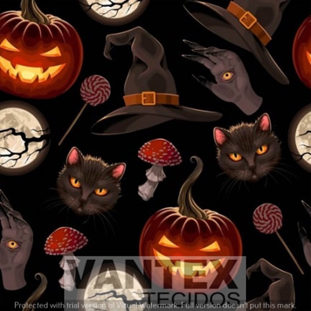 Tecido Microfibra Estampa Digital - Hal(11) - halloween, mão, gato, abobora